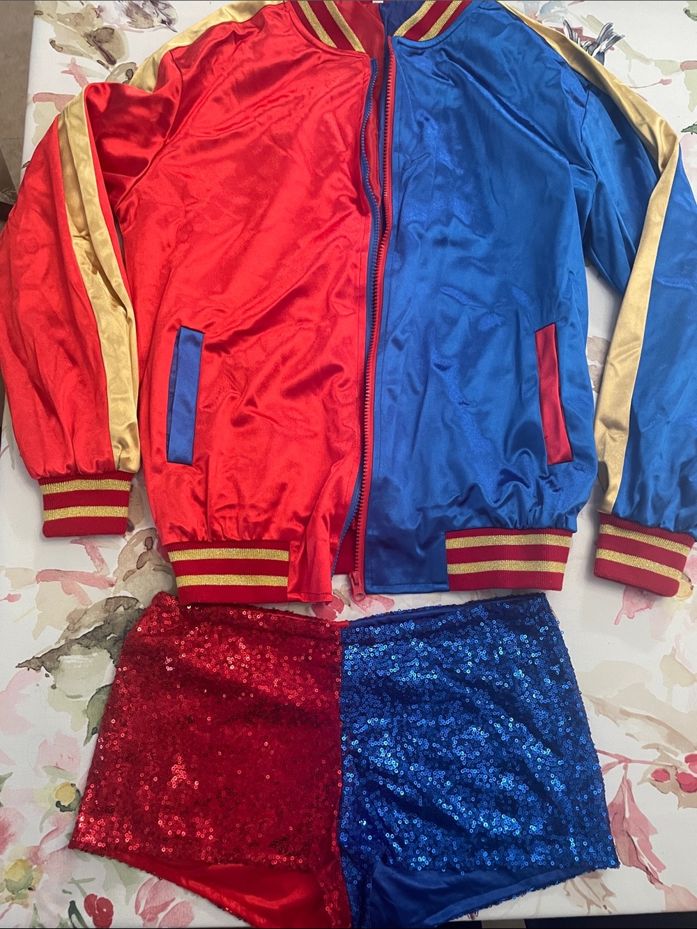 Woman Red & Blue Harley Quinn Bomber Jacket and Sequin Shorts Costume